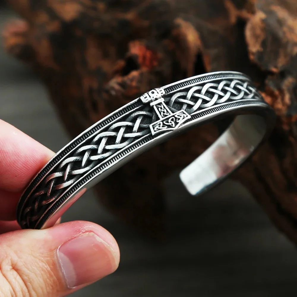 Nordic Vintage Viking Celtic Knot Cuff Bangles For Men Punk Stainless Steel Thor's Hammer Bracelet Biker Amulet Jewelry Gifts