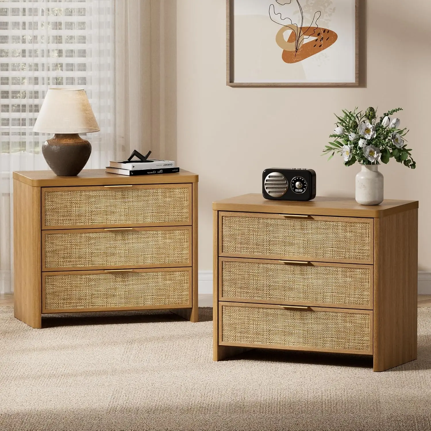 Rattan 3 Large Drawer Nightstands Set of 2, 28.4