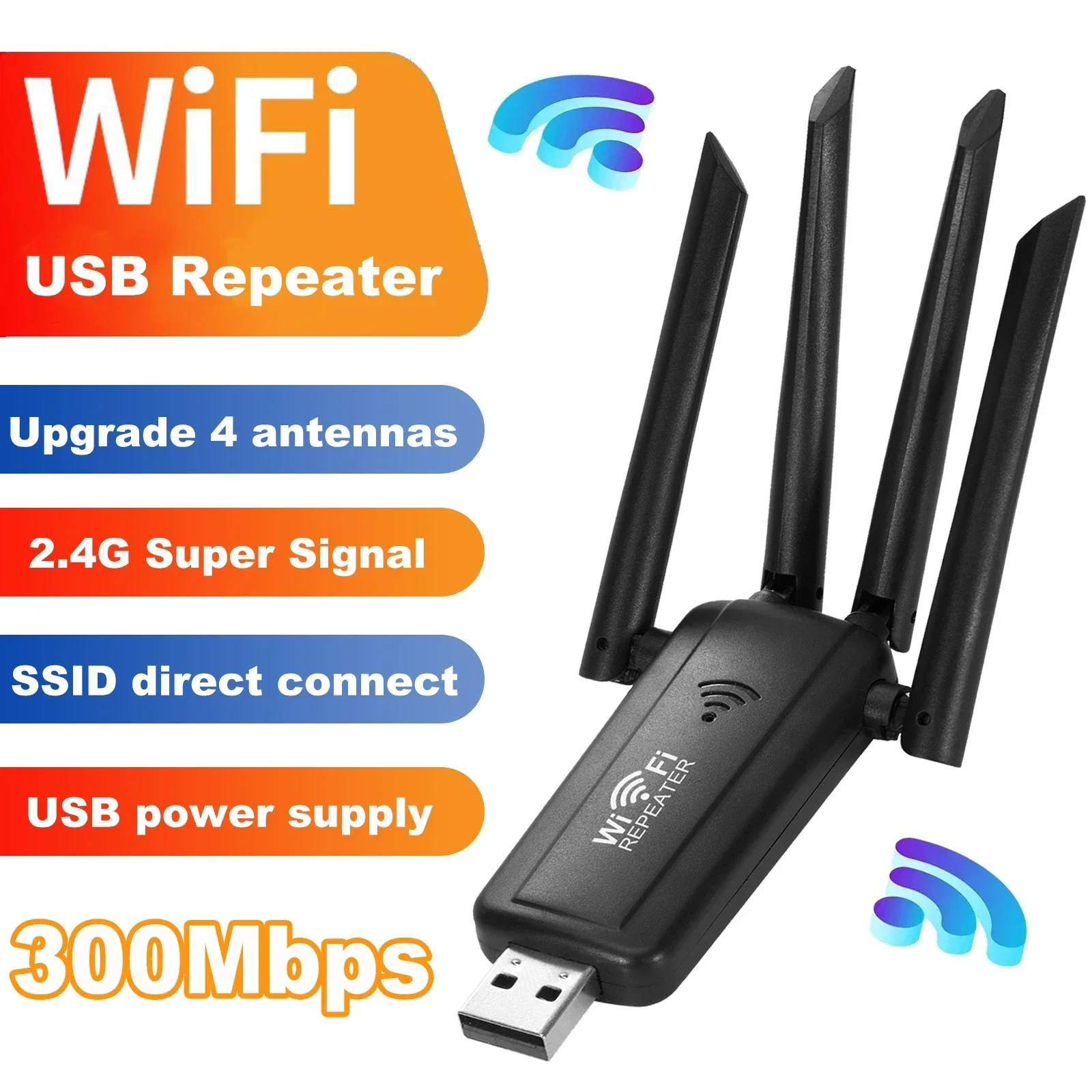 USB WiFi Repeater Wireless Signal Extender 2.4G 300Mbps Router Wifi Booster Long Range Wifi Amplifer For Laptop PC Access Point