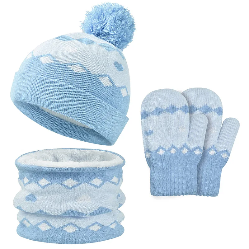 1-6Y Autumn Winter Children Baby Knit Gloves Hat Scarf 3pcs Suit Outdoor Windproof Warm Velvet Kids Boy Girl Ring Muffler Hats