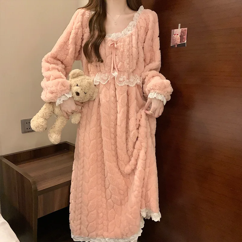 

Women's Sexy Lace Edge Nightgown Winter Coral Fleece Sweet Cute Nightwear Casual Home Wear Loose Sleepwear Chemise Nightdress