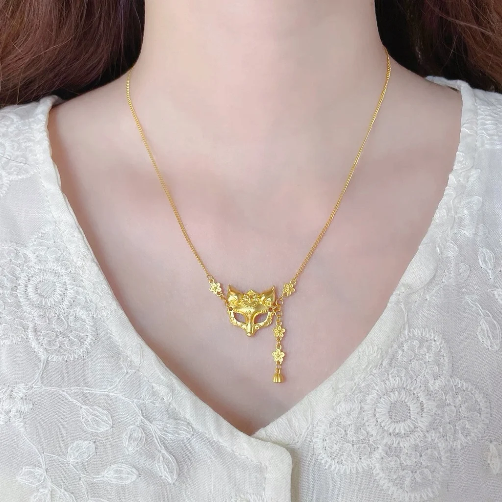 

New Chinese Style National Style 9999 24K Real Gold Spirit Fox Mask Pendant Necklace for Women Exquisite Tassel Clavicle Chain