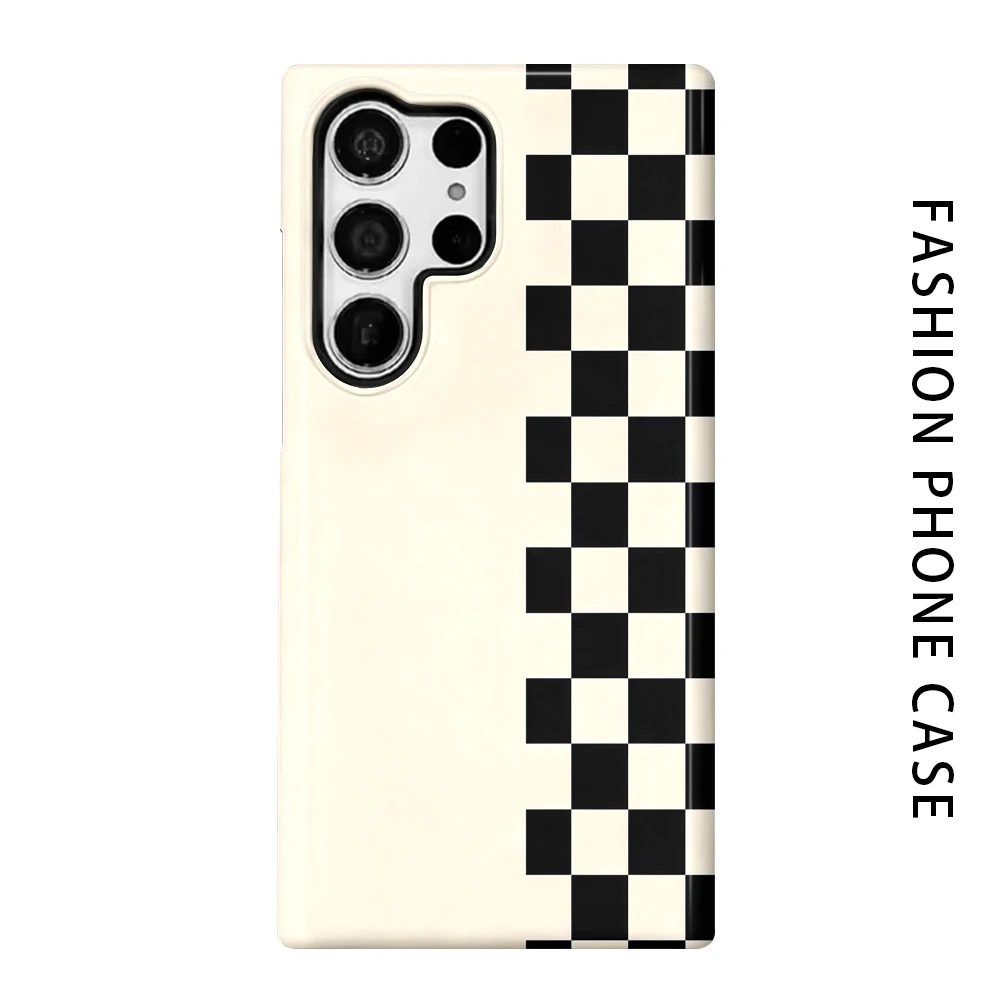 Black White Check Phone Case for For Samsung Galaxy S26 S25 S24 S23 S20 FE A56 A36 Ultra Glossy HD Hard Cover Film Shell