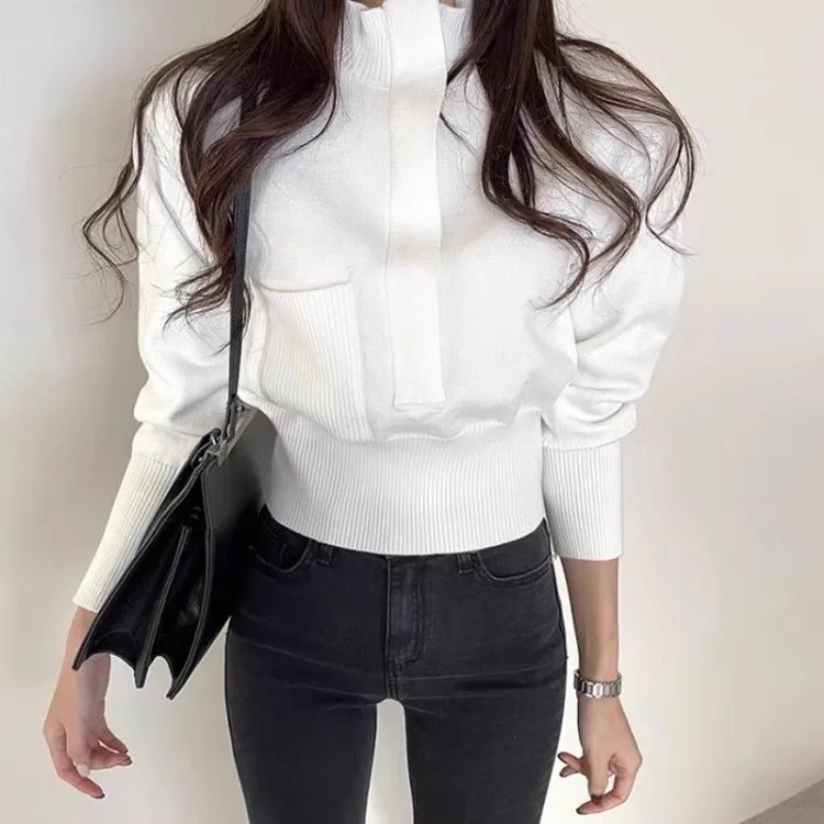 

Vintage Stand Collar Zipper Black Coat Women Spring Autumn New Knitted Cardigan Jackets Y2k Slim Fit Long Sleeve Tops Mujer