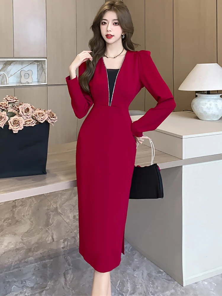 Abito lungo Casual da donna con scollo a v Patchowrk rosso 2024 elegante vestito da donna aderente da ufficio autunno inverno coreano Vintage abiti