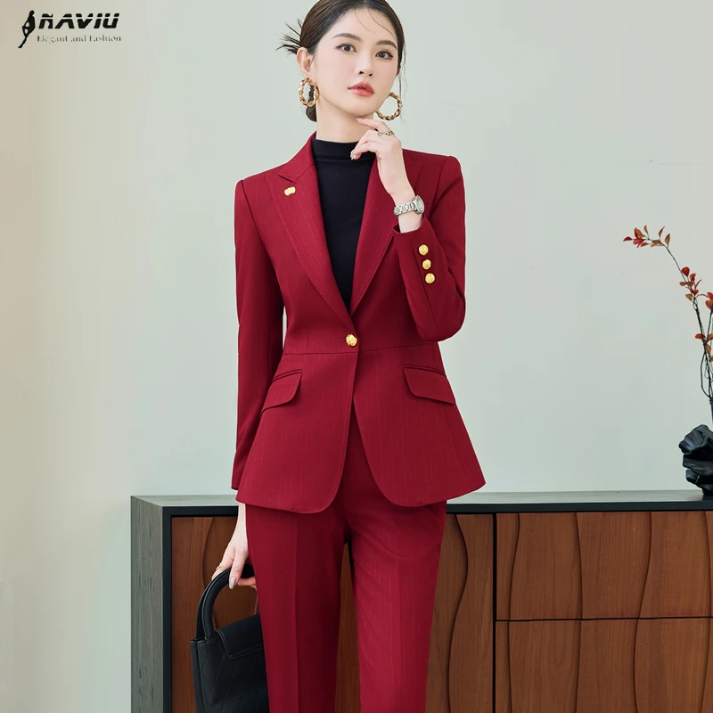 NAVIU أنيقة طويلة الأكمام السترة والسراويل دعوى جديد الخريف بسيط شريط التنقل الزي المرأة مزاجه ضئيلة ملابس العمل مجموعة
