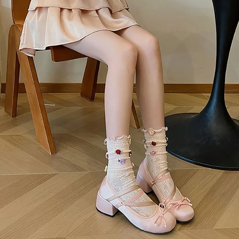 Spring Women Pumps Ladies Ballet Mary Jane Riband Chunky Heel Shallow Sandals Female Lolita Round Toe Sweet Bow-knot Cozy Shoes