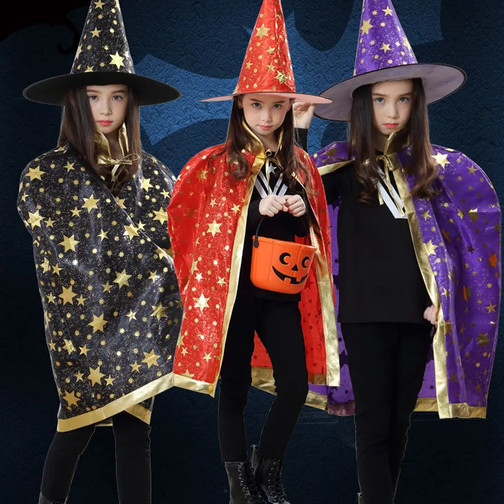 Mit Zauberer Hut Hexe Kappen Mädchen Für Jungen Gruselige Kostüme Leistung Kleidung Kinder Cosplay Kostüme Halloween Mantel Sets