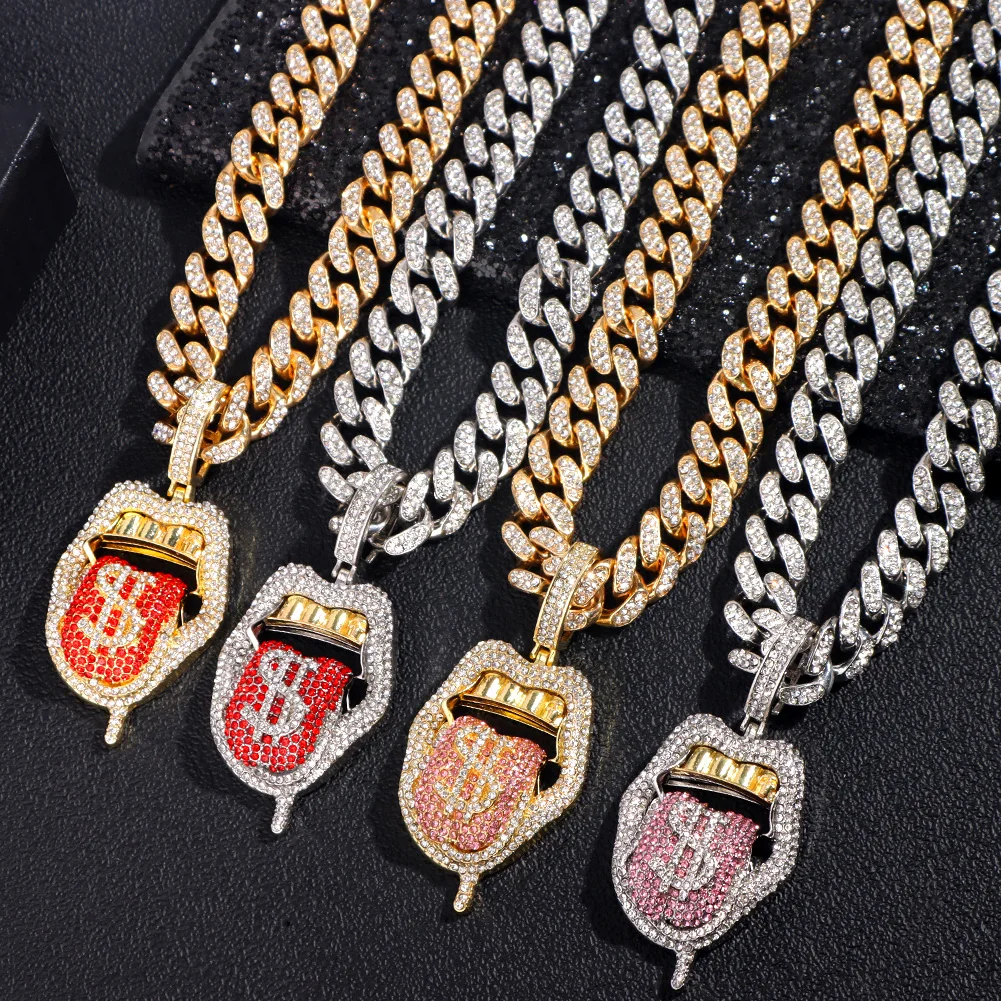 Hip Hop Tongue Lip Shape Dollar Sign Pendant Necklace for Women Iced Out Rhinestone Cuban Link Chain Necklace Creative Jewelry