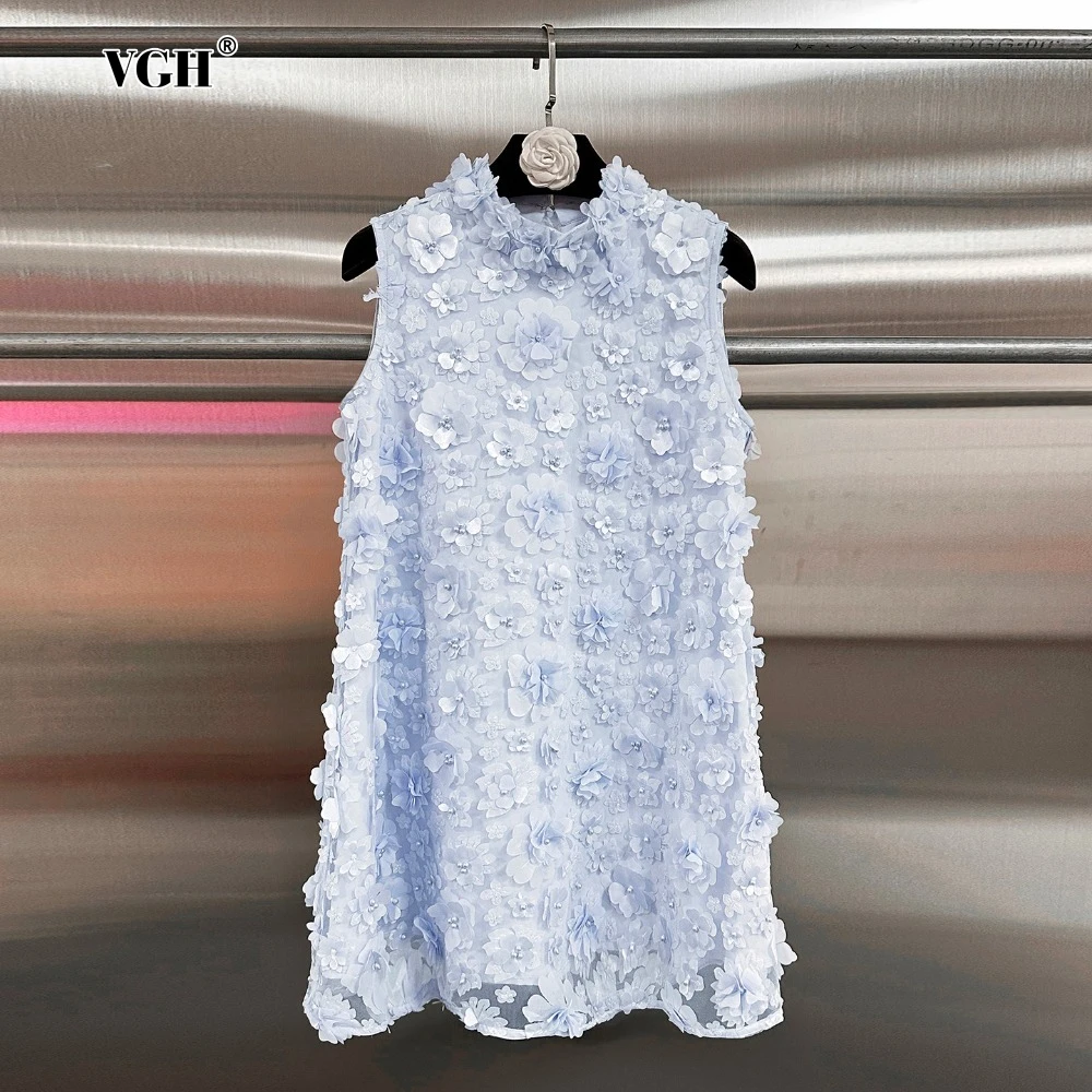 

VGH Solid Spliced Appliques Elegant Sundresses for Women Stand Collar Sleeveless High Waist Temperament Mini Dress Female Summer