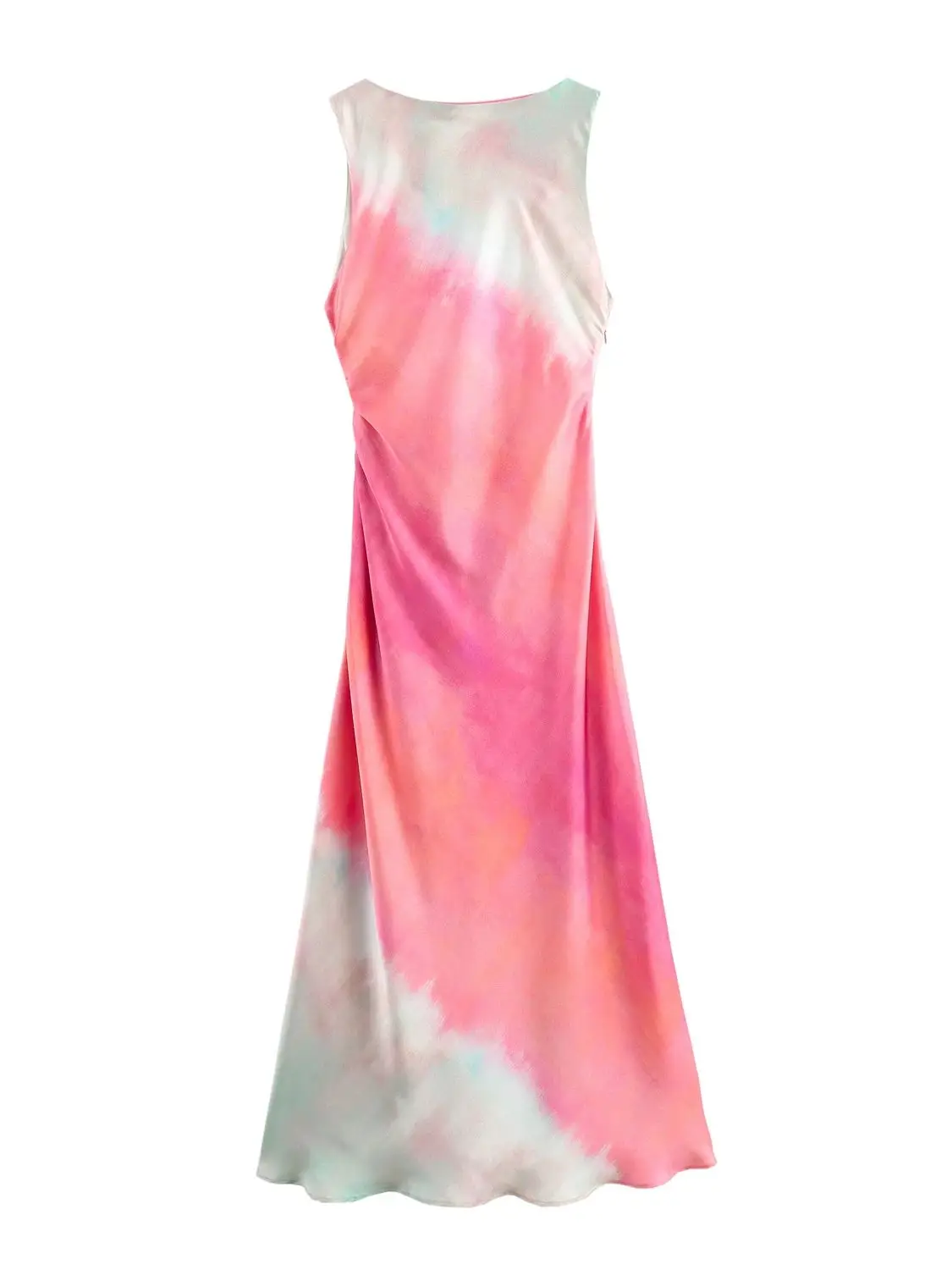 XNWMNZ 2024 Women's Fashion Tie-dye Printed Midi dress High Street Flowing Neck Sleeveless gathered Hem Split Female Dresses