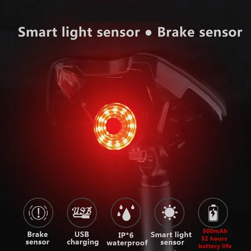 Imagen 2 del producto Luz trasera de bicicleta inteligente, freno de arranque automático, IPX6, resistente al agua, carga USB, luz trasera de ciclismo, luces LED