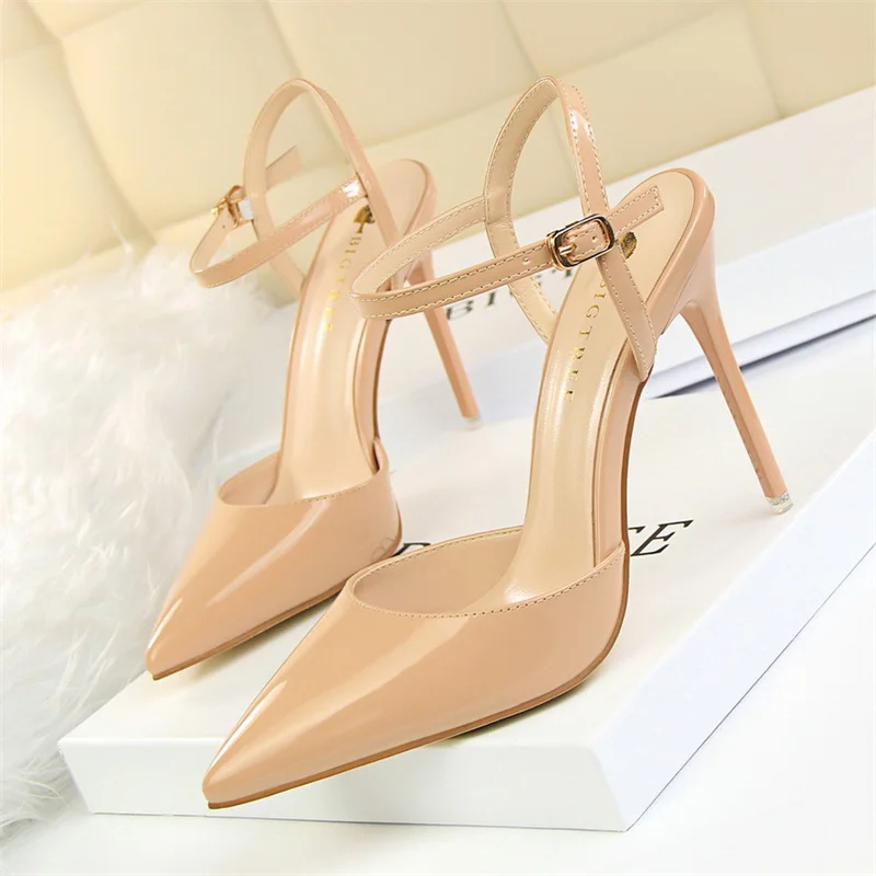 Fashion Simple Sandals Women 2024 Patent Leather Shallow Mouth Thin High Heels Summer Comfort Pointed Toe Buckle Pumps