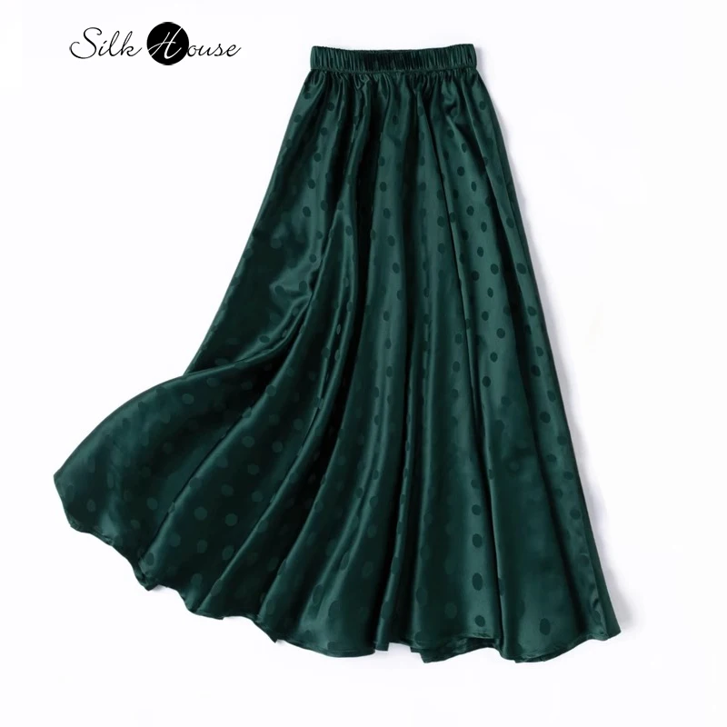 21MM 3.5m Large Swing 93% Natural Mulberry Silk Elastic Jacquard Satin Agate Green Diagonal Cut Women's Fashionable Skirt