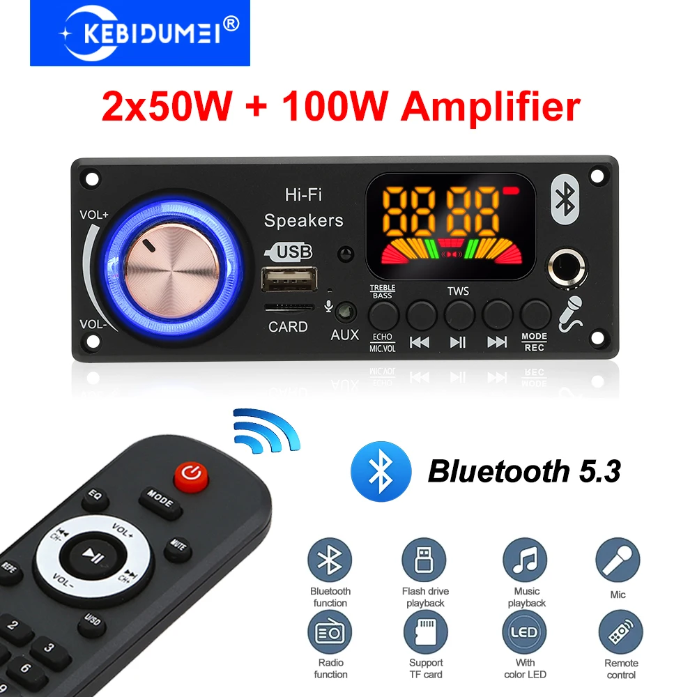 بلوتوث 5.3 MP3 فك مجلس مع 2*50 واط + 100 واط مكبر للصوت 7 فولت-24 فولت مشغل MP3 وحدة راديو FM TF USB ميكروفون سجل حر اليدين