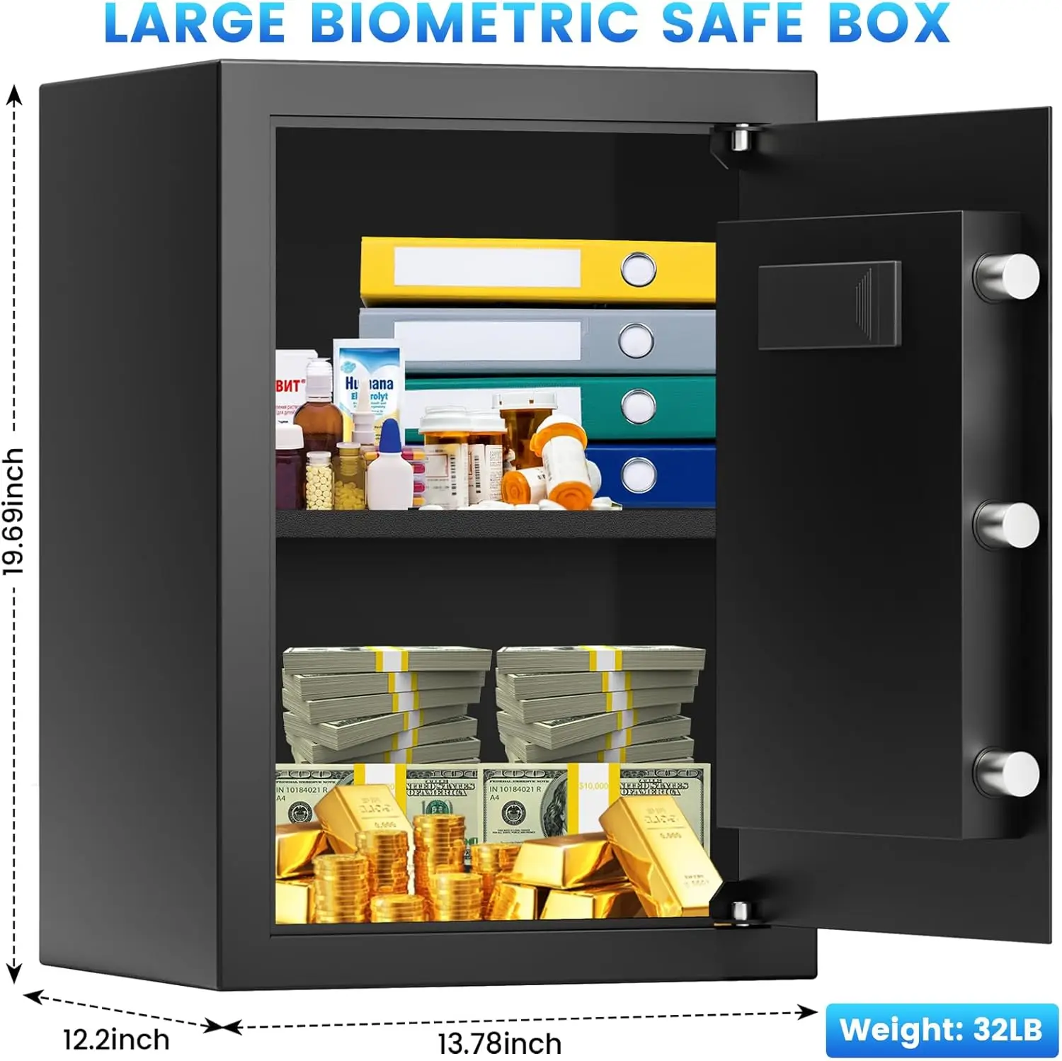 3.0 Cuft Large Biometric Safe Box, Personal Safes for Home Use Fire and Water Proof with Fingerprint Lock, Fireproof Safe with F