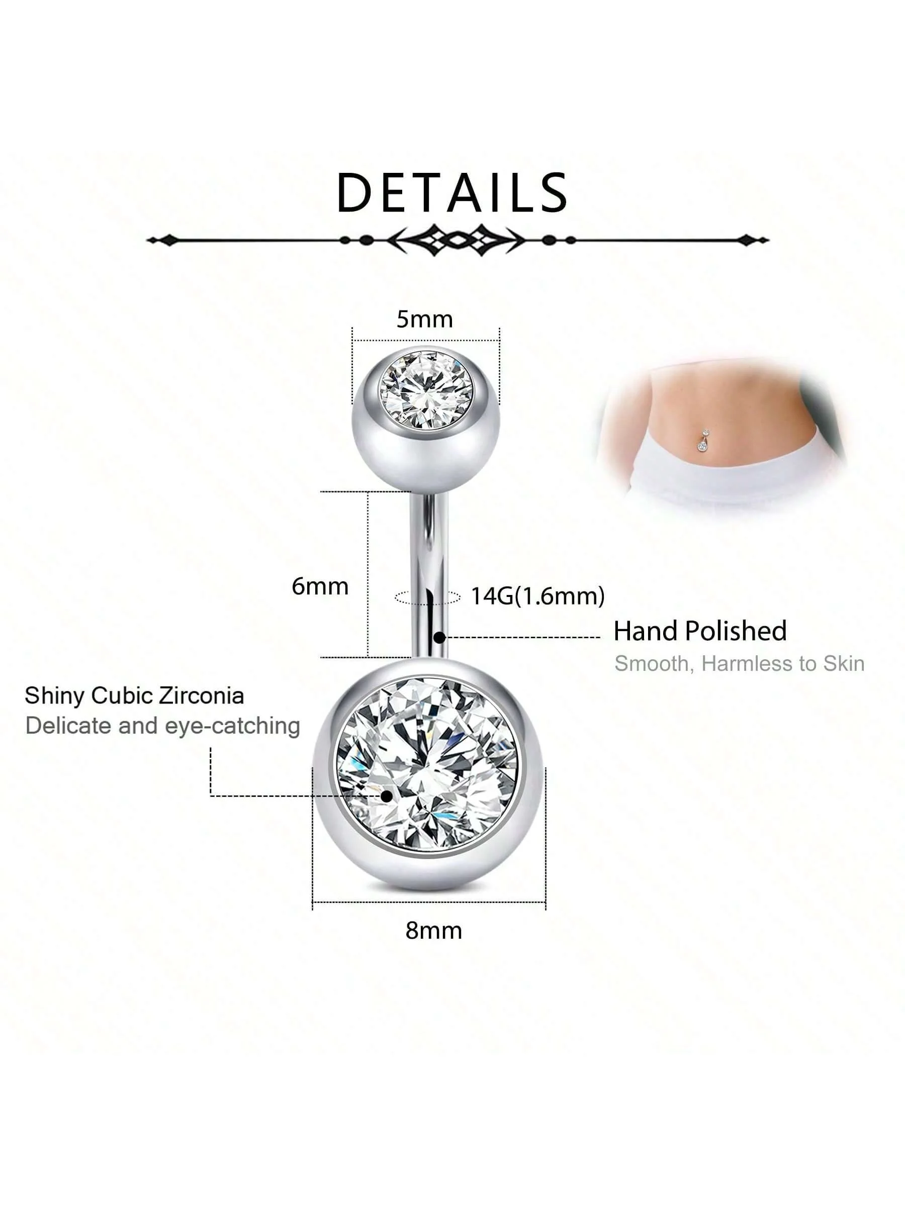 خاتم زر البطن على شكل فراشة من الفولاذ المقاوم للصدأ - خاتم زر البطن من الزركون، مجوهرات ثقب أنيقة