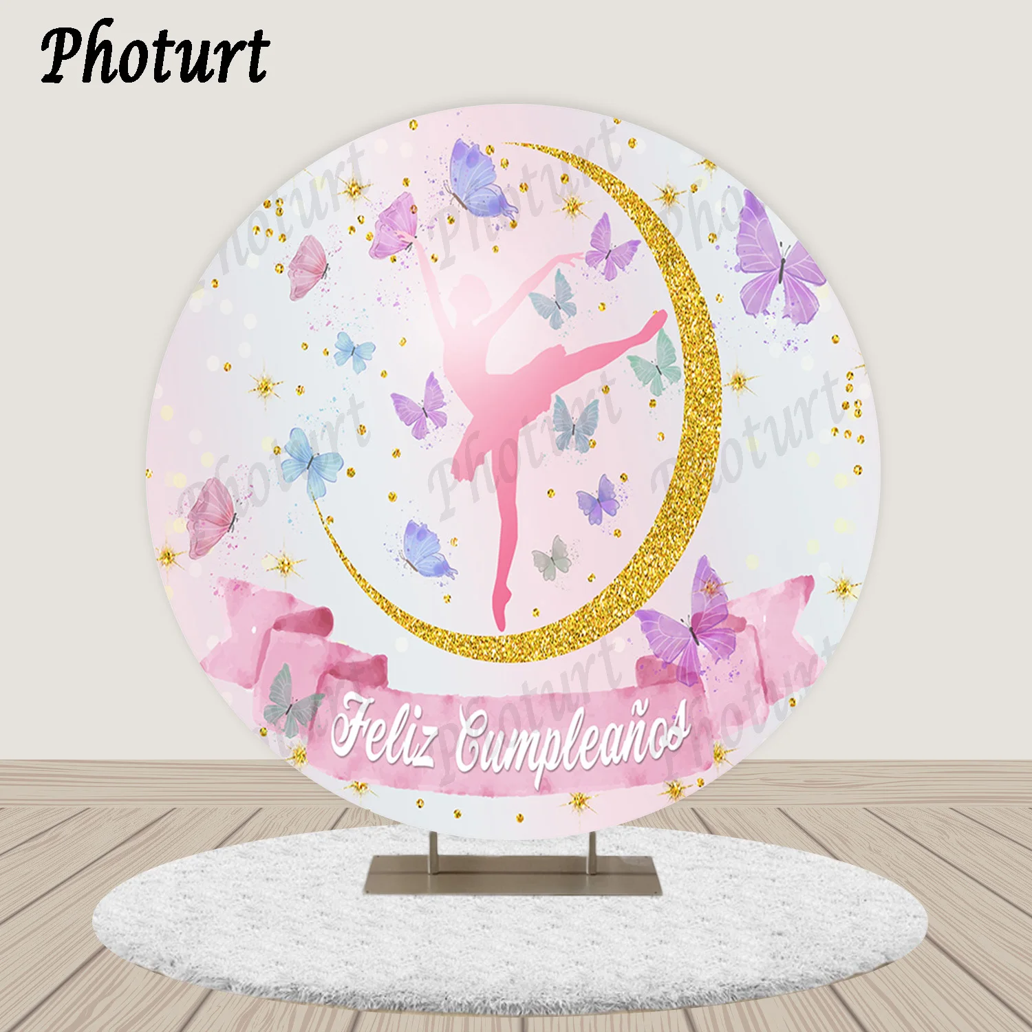 

PHOTURT Round Ballet Dancer Backdrop Girl Birthday Baby Shower Background Golden Butterfly Polyester Vinyl Decoration Props