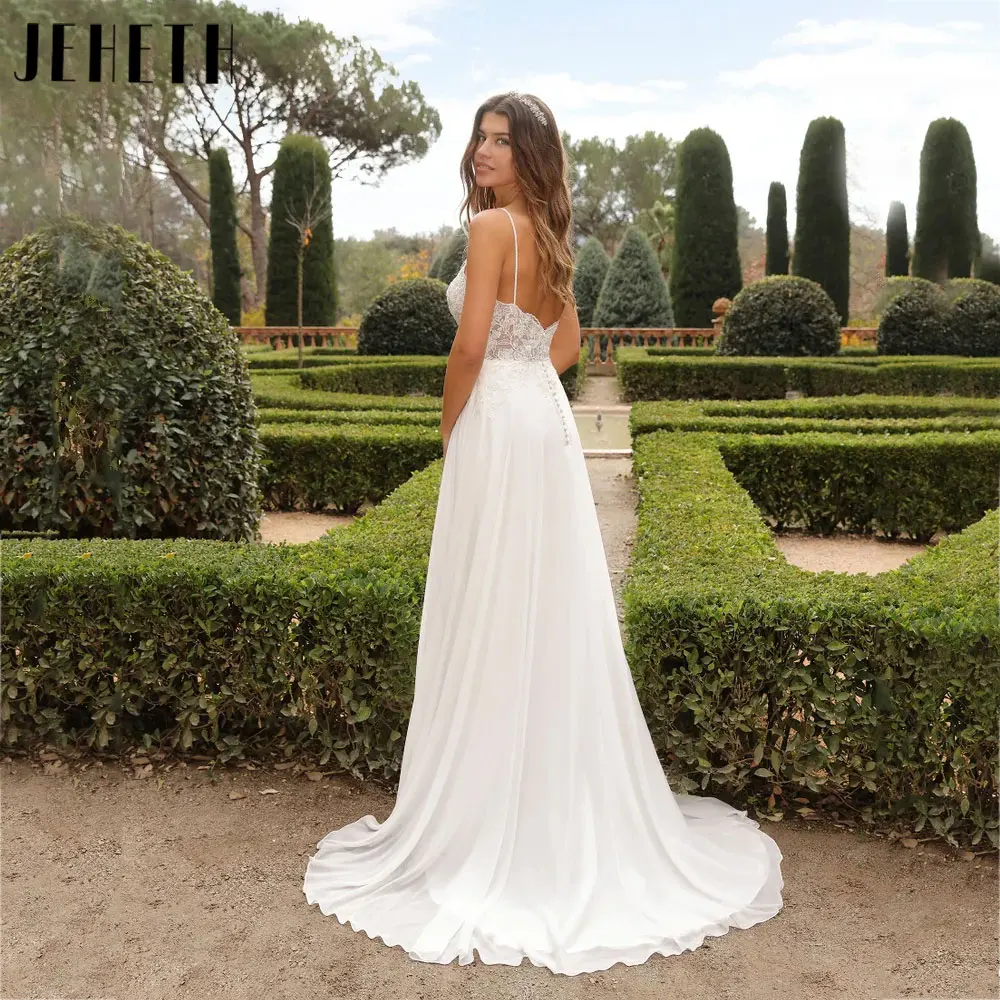 JEHETH Deep Chiffon Spaghettibandjes Bruidjurken Kant Appliques Mouwloze Trouwjurken Backless Knopen robe de mariée 2024JEHETH Deep Chiffon Spaghettibandjes Bruidjurken Kant Appliques Mouwloze Trouwjurken Backless Knop