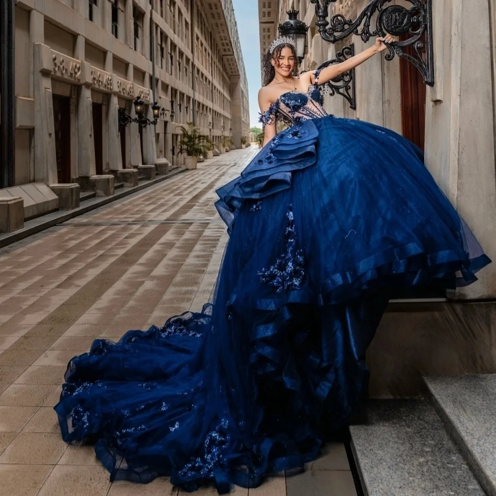 

Royal Blue Quinceanera Dresses Ball Gown Off The Shoulder Appliques Beaded Sweet 16 Dresses 15 Años Customized