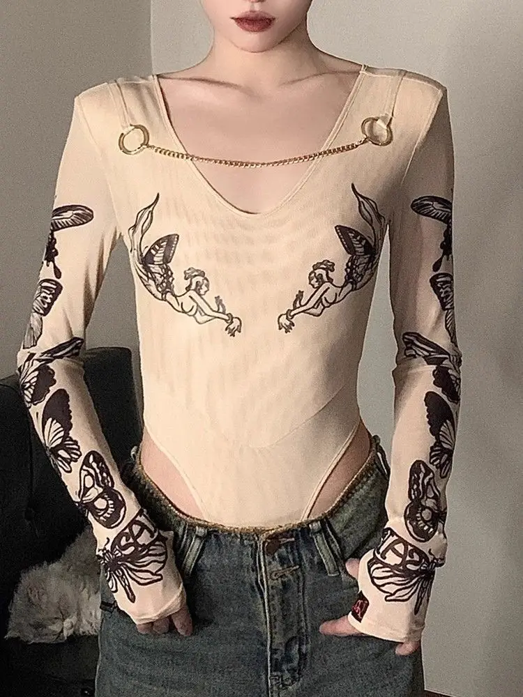 

Onalippa American Retro Design Personalized Butterfly Print Jumpsuit Women Slim Fit Slimming Versatile Long Sleeved Top Spicy