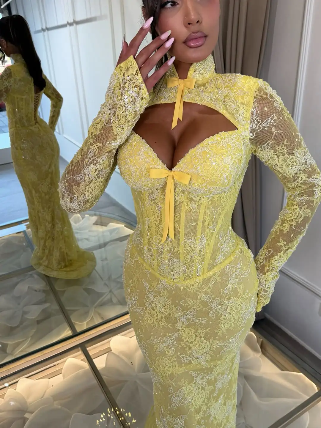 Yellow Long Sleeve Lace Mermaid Evening Dress Women High Neck Cut Out Bow Detail Formal Party Prom Gown