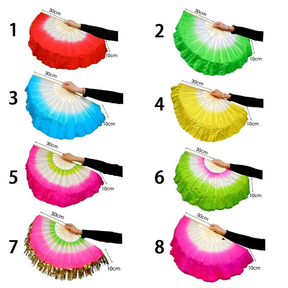 1Pc Chinese Korte Buikdansen Fan Voor Vrouwen 30Cm Bamboe + 10Cm Halve Cirkel Zijden Sluier Paren Yangko Dans Bamboe Fans Hand Dye Volwassenen