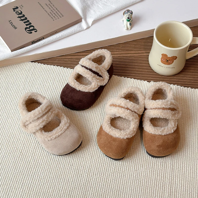 

Winter New Children Flat Shoes Fur Cover Toe Light Warm Kids Casual Shoe 2025 Plush Warm Non-slip Leisure Comfy Boys Girls Shoe