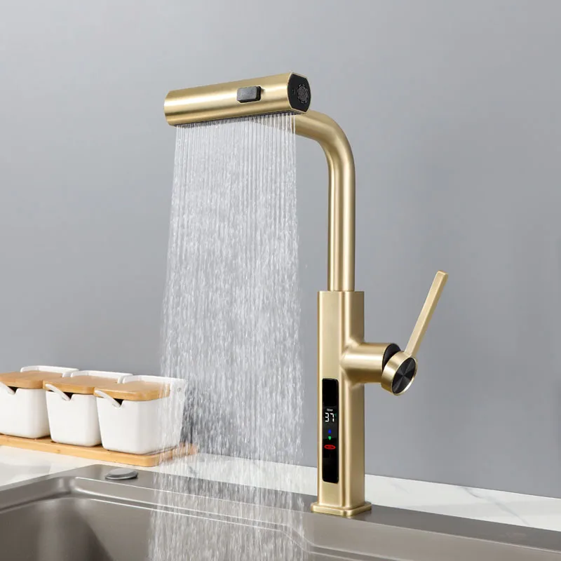 Kitchen Flying Rain Faucet Sink Pull Out Down Shower Head Tap Deck Mount Hot Cold Mixer LED Digital Copper 360 Rotation Crane