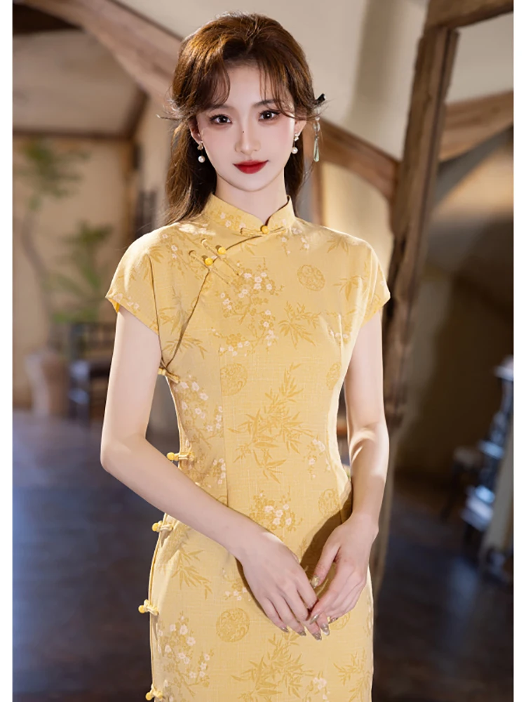 

Yellow Young Sle Summer New Chinese Dr Daily Wear Small Size Women's Clothing Retro Sle Long