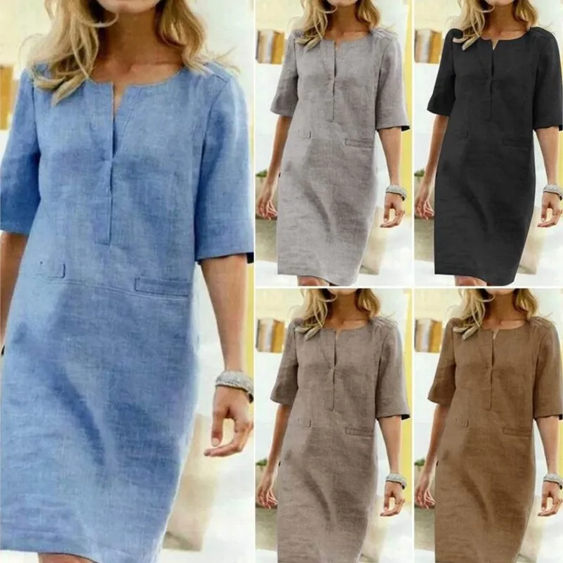 Vintage Women‘s Large Loose Dress Autumn Solid Cotton Linen O Neck Short Sleeve Pocket Button Dress Vestidos Elegant Mujer Women