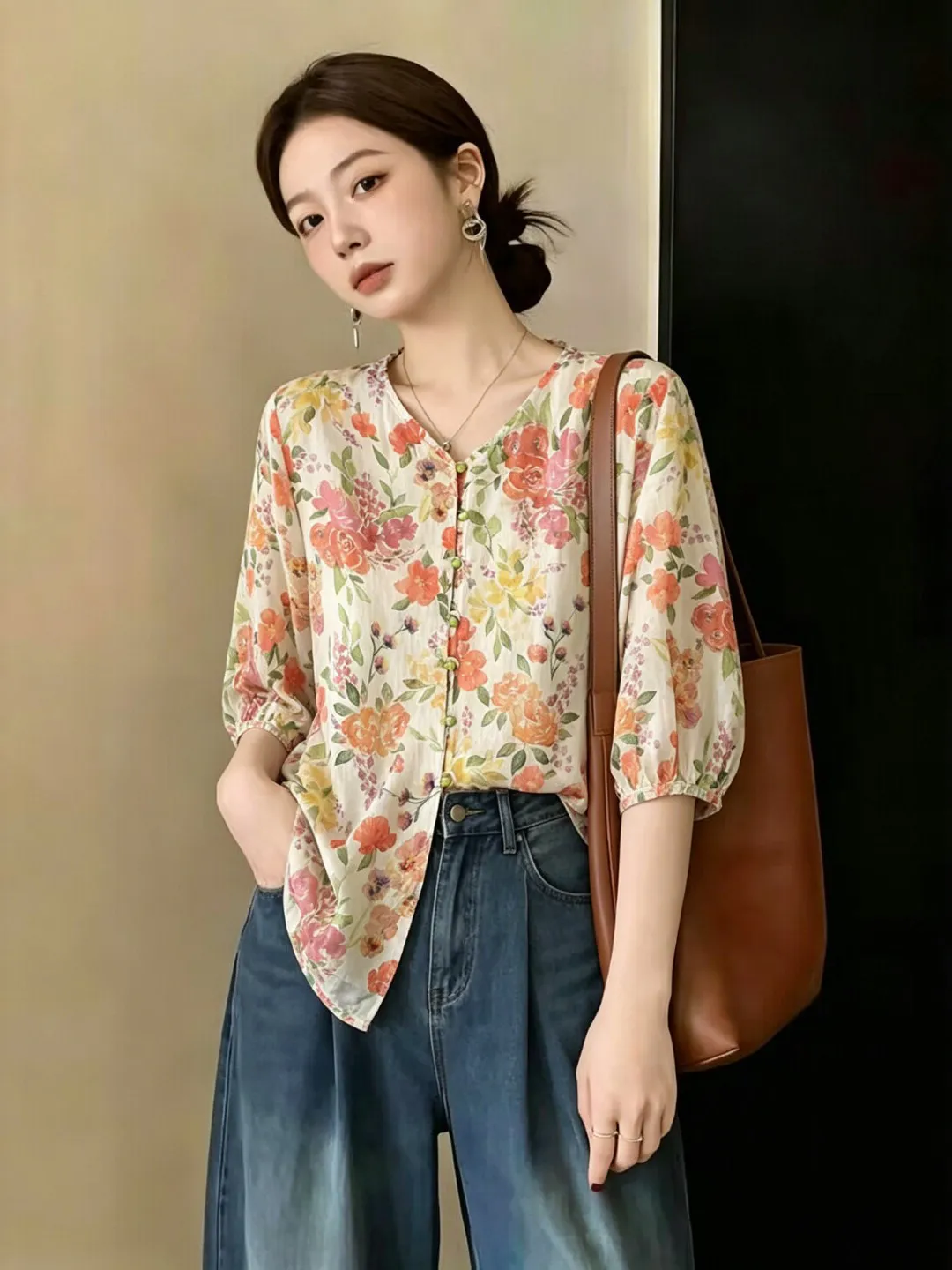 

Fashionable V-Neck Printed Top Women's plus Size Summer Thin Casual Shirt Retro Commute Style Straight Cut Five Sleeve Length
