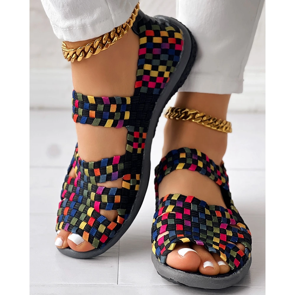 Fashion Women Colorblock Hollow Out Sandals Slip-on Summer Casual Peep Toe Flats Korean Style Going Out Knitted Soft Shoes