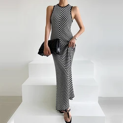 Summer Elastic Knit Bodycon Maxi Long Dress Women's Elegant Sleeveless O Neck Tank Dress Street Vacation Beach Casual Sundress