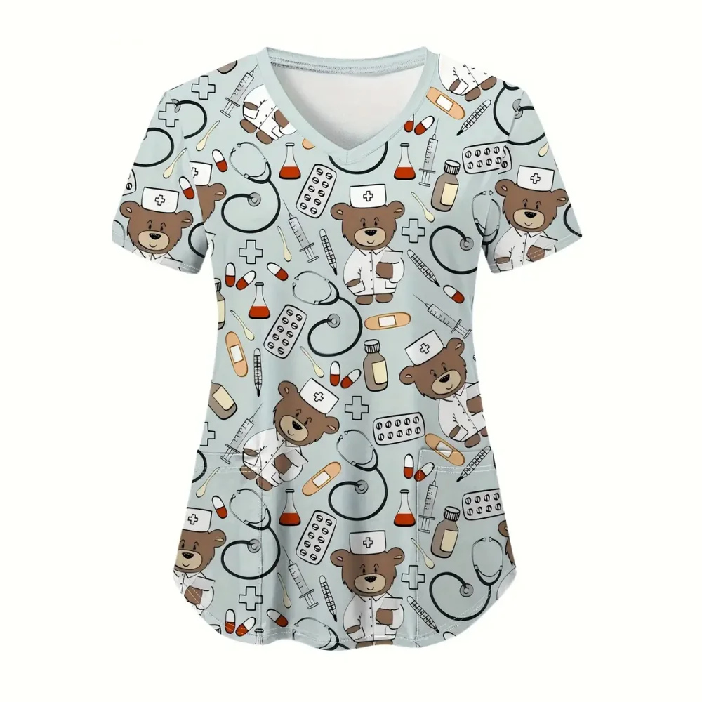 Scrub Donna medica Simpatico animale Cartoon Modello Microelastico Scollo a V Veterinario Spa Infermieristica Maniche corte Top Uniformi mediche da donna