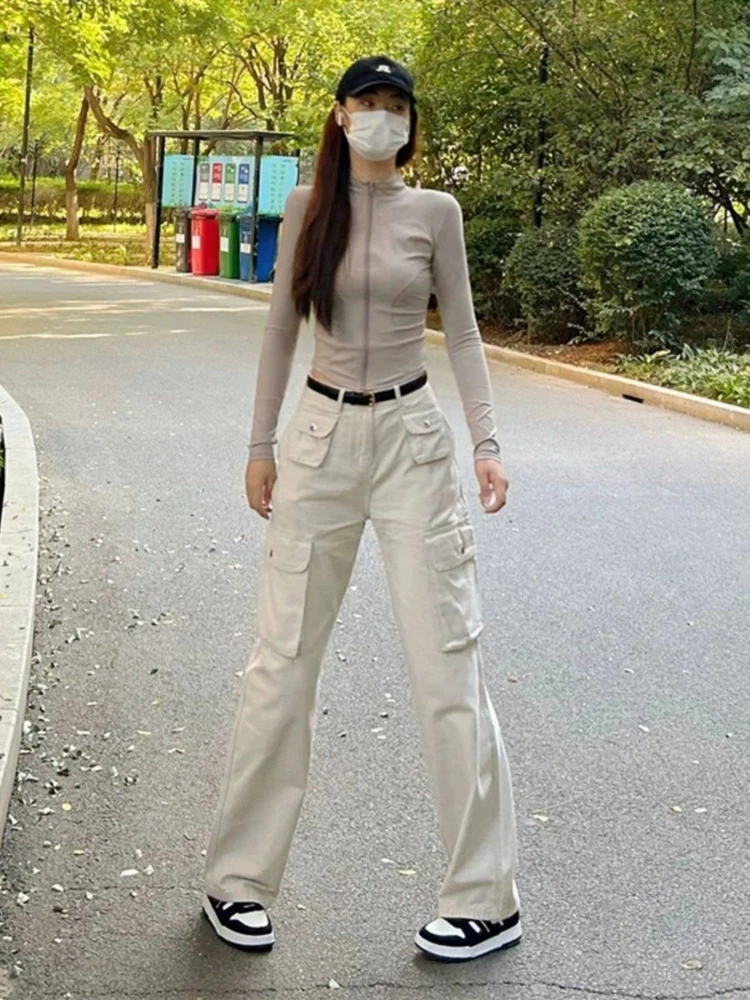 

Autumn New Arrivals Large Pockets Design Harajuku Streetwear High Waisted Retro Jeans Women's White Cargo Baggy Pants