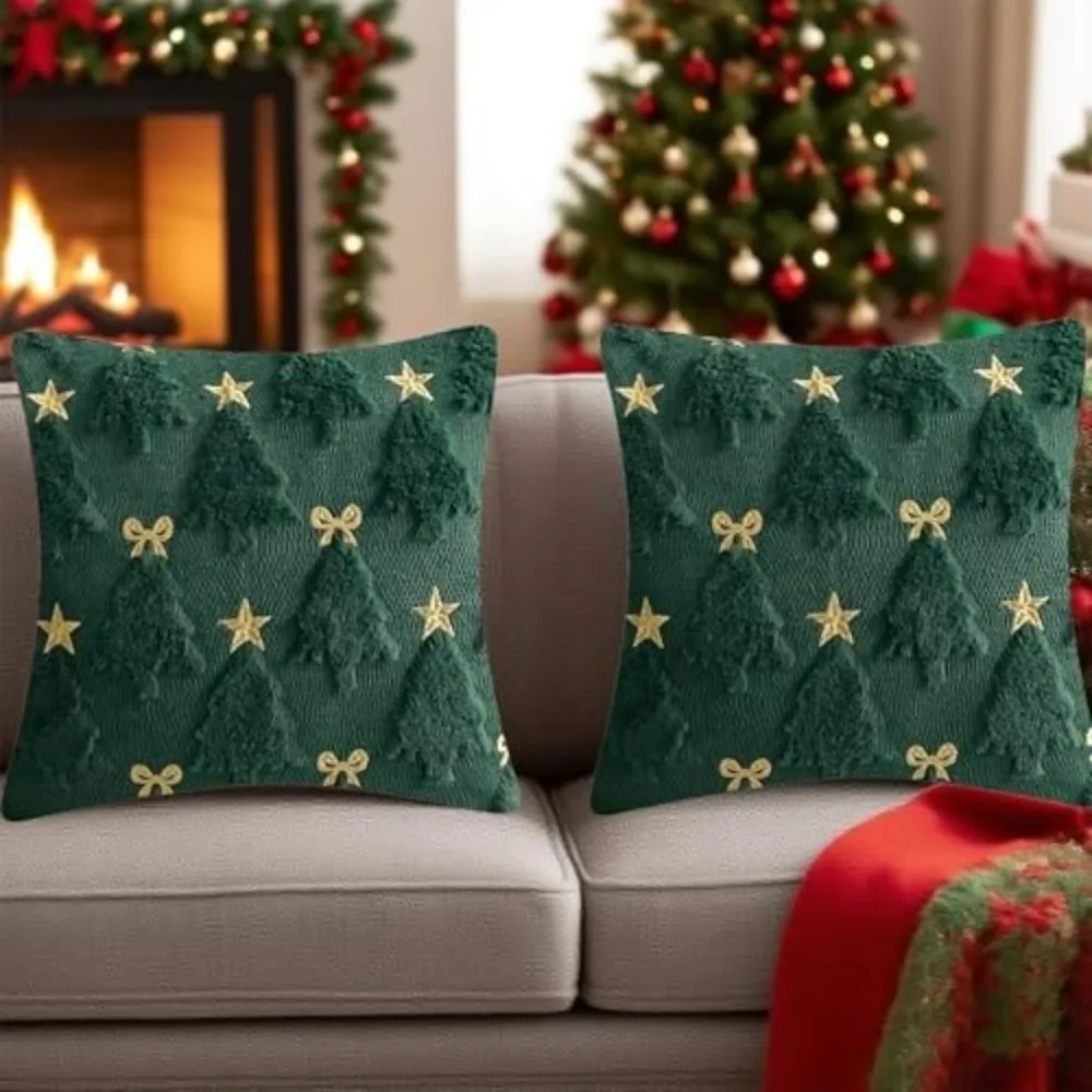 1PC Short Christmas Pillow Cover Bowknot Five-pointed Star Comfortable Xmas Tree Pillowcase Soft Embroidered Cushion Slipcover