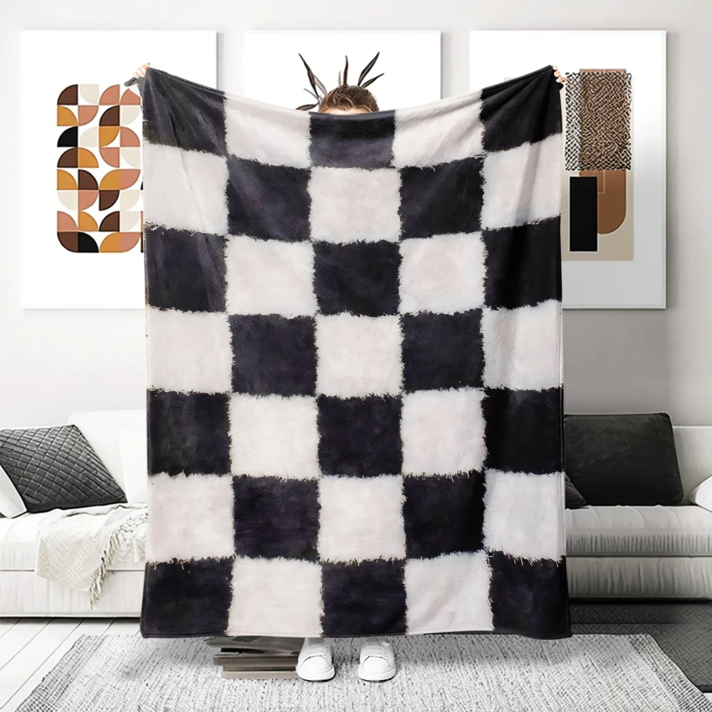 Black White Fuzzy Checker Flannel Blanket Soft Cozy Throw Blanket for Bed Sofa Couch Fuzzy Plush Bed Cover