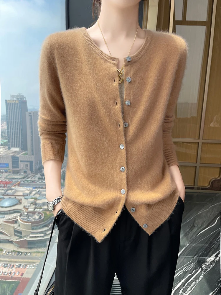 100% Cashmere Sweater Women's Clothing O-Neck Knitted Cardigan Autumn Winter New Long Sleeved Shirt Basic Base Coat Versatile