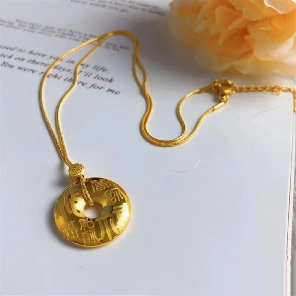 

Women's 24K Gold (AU999) Peace Button Fortune Bead Pendant | Button-Bead Chain, Filigree Blessing Totem with Gilt Fish for Templ