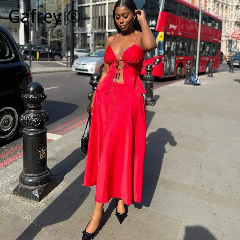 

Women Sexy Strappy Camisole Top High Waisted Skirt Set Fashion Lace Up 2 Piece Co-ord Summer Party Date Night Clubwear Outfit