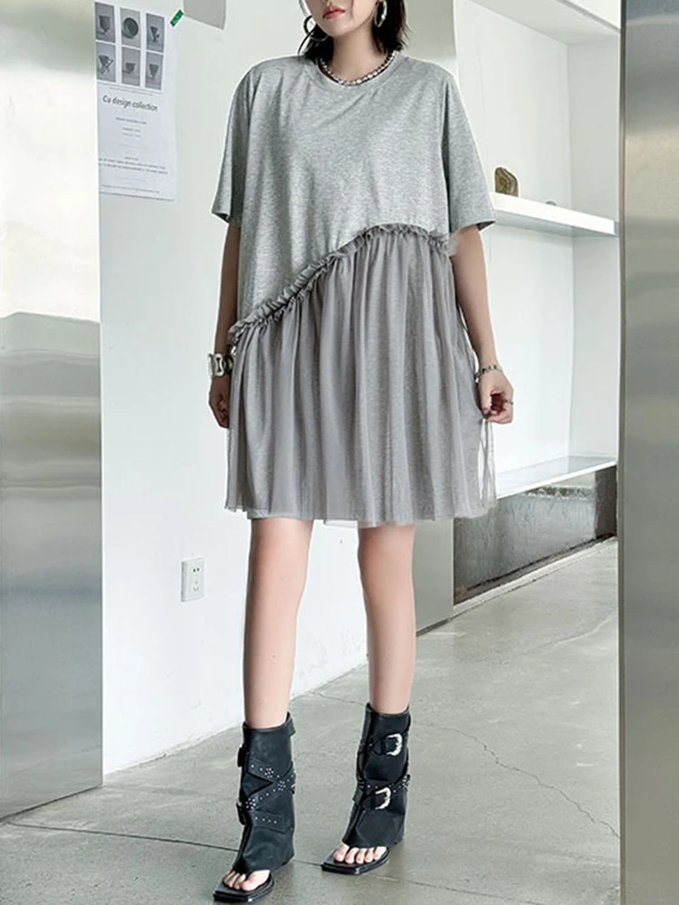 YERMORA 여성 그레이 불규칙한 스플 라이스 메쉬 캐주얼 티셔츠 드레스 라운드 넥 반팔 루즈 패션 조수 봄 여름 2025