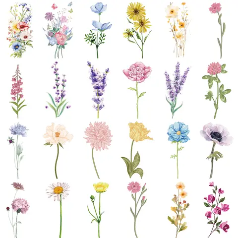 18 peças de tatuagens temporárias florais aquarela para mulheres – adesivos realistas de lavanda, rosa, margarida e flores silvestres, à prova d'água