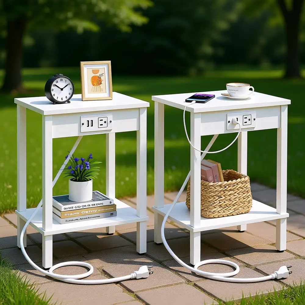 

White 2-Piece Charging End Tables with USB Ports, Outlets, and 2-Tier Shelves for Living Room or Bedroom