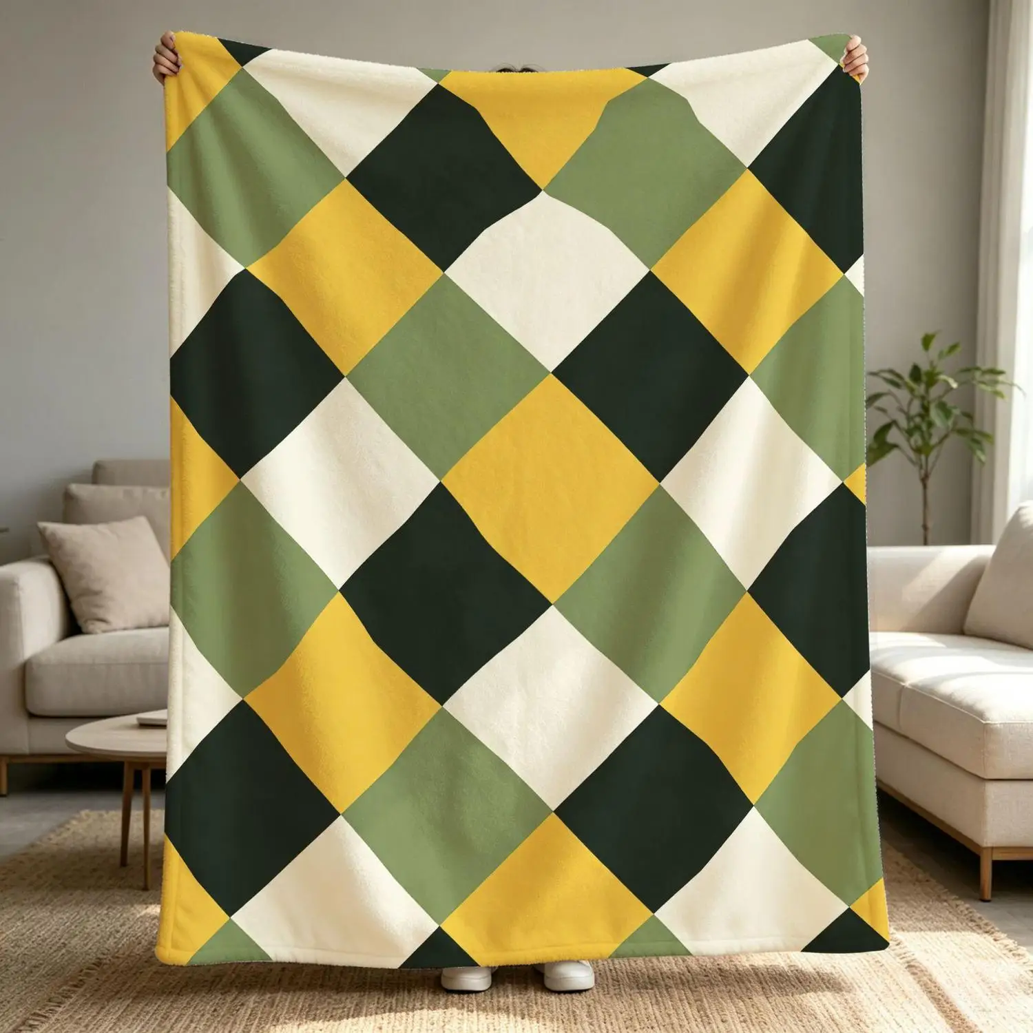 [Flannel Blanket] Geometric Pattern Blanket, Retro Color-Blocking Design, Earth Tones, Minimalist Style, Living Room Decor Aesthetics, Great Birthday Gift Choice