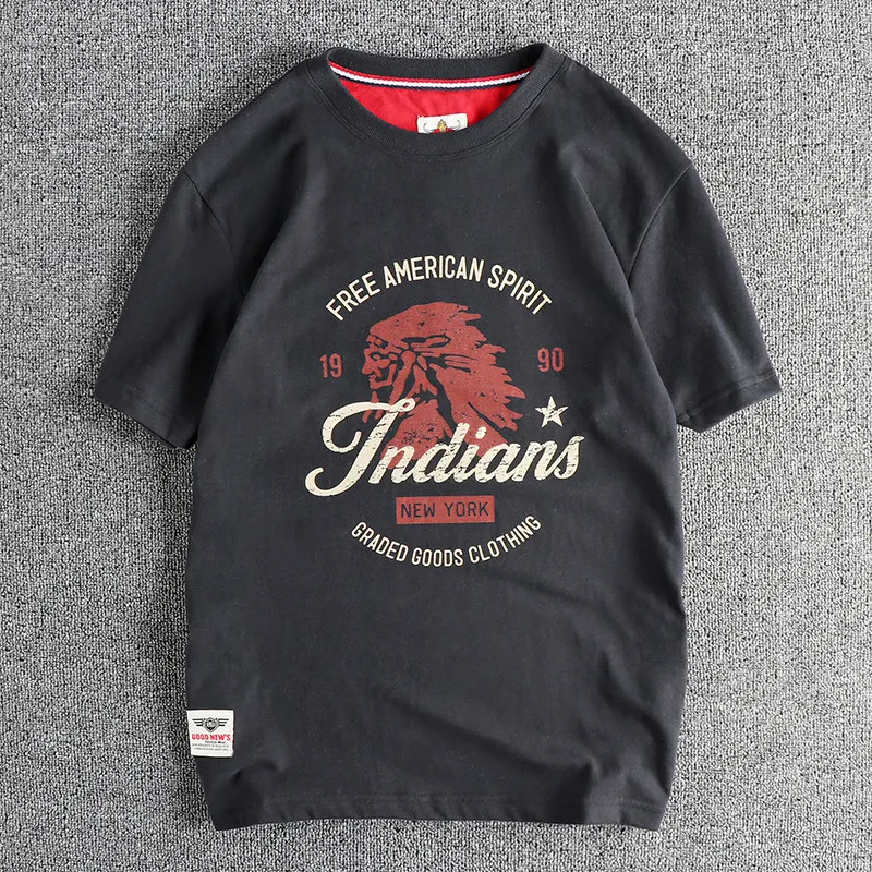 T201 #   Camiseta de Verano Nueva Estilo Retro Americano de Manga Corta con Cuello Redondo y Estampado de Letras para Hombre, Moda 100% Algodón Lavado, Tops Deportivos Casuales