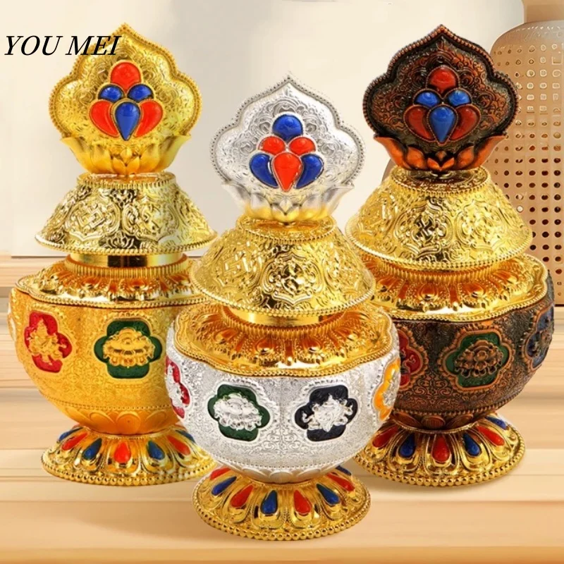 

Tibetan Aquarius Box Rack,Buddhism With lid Box,Painting Alloy Eight Auspicious Tribute Jar,Buddhist Supplies Altars Decorative