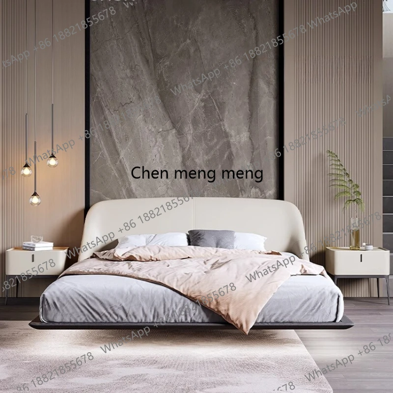 

180x200cm Italian Minimalist Bed Master Bedroom King Size Suspended Double Bed Header Layer Leather Headboard Frame Furniture