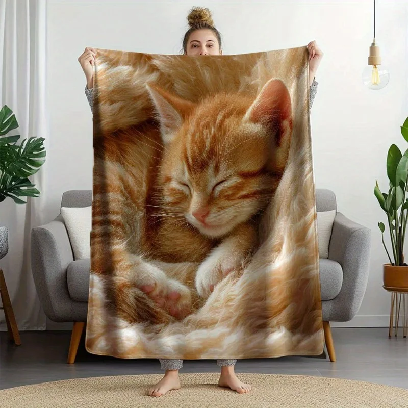 1pc Vintage Ginger Kitten Print Flannel Blanket - Ultra-Soft Cozy All-Season Throw for Sofa & Bed Warm Sleeping Cat Design