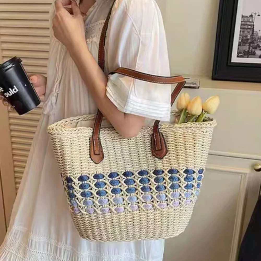 

Women's Straw Tote Bag Woven Tote Faux Leather Straps Large Capacity Handbag for Beach Vacation Shopping Daily Use